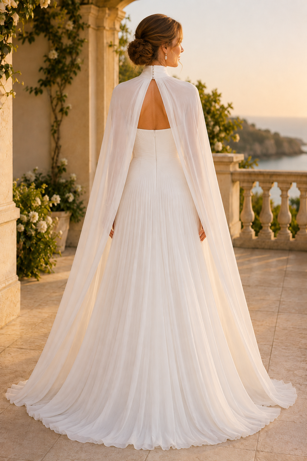 Vestido de gala plisado de corte A con capa de cuello alto