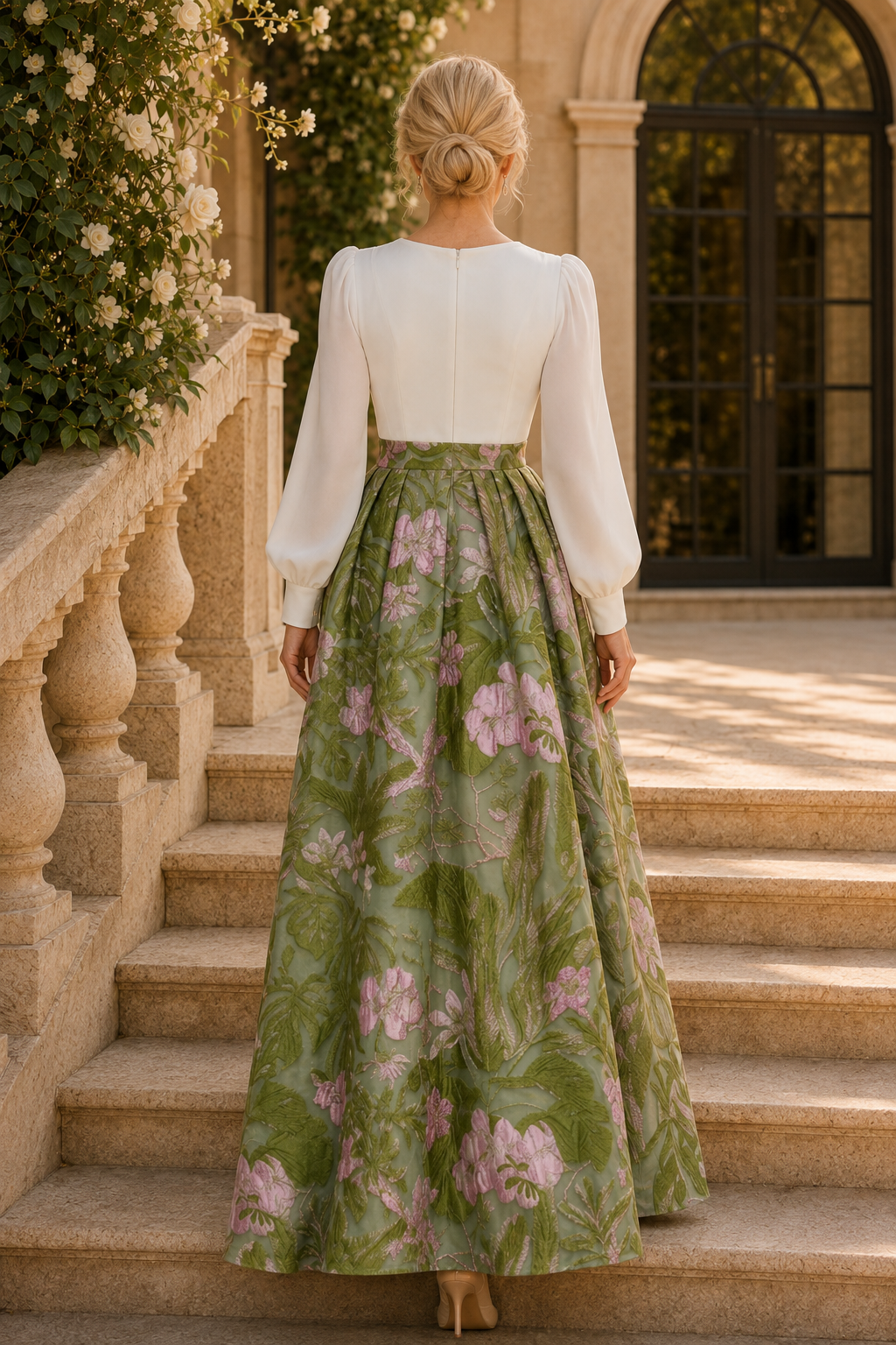 Vestido de gala jacquard de manga larga con flores 3D