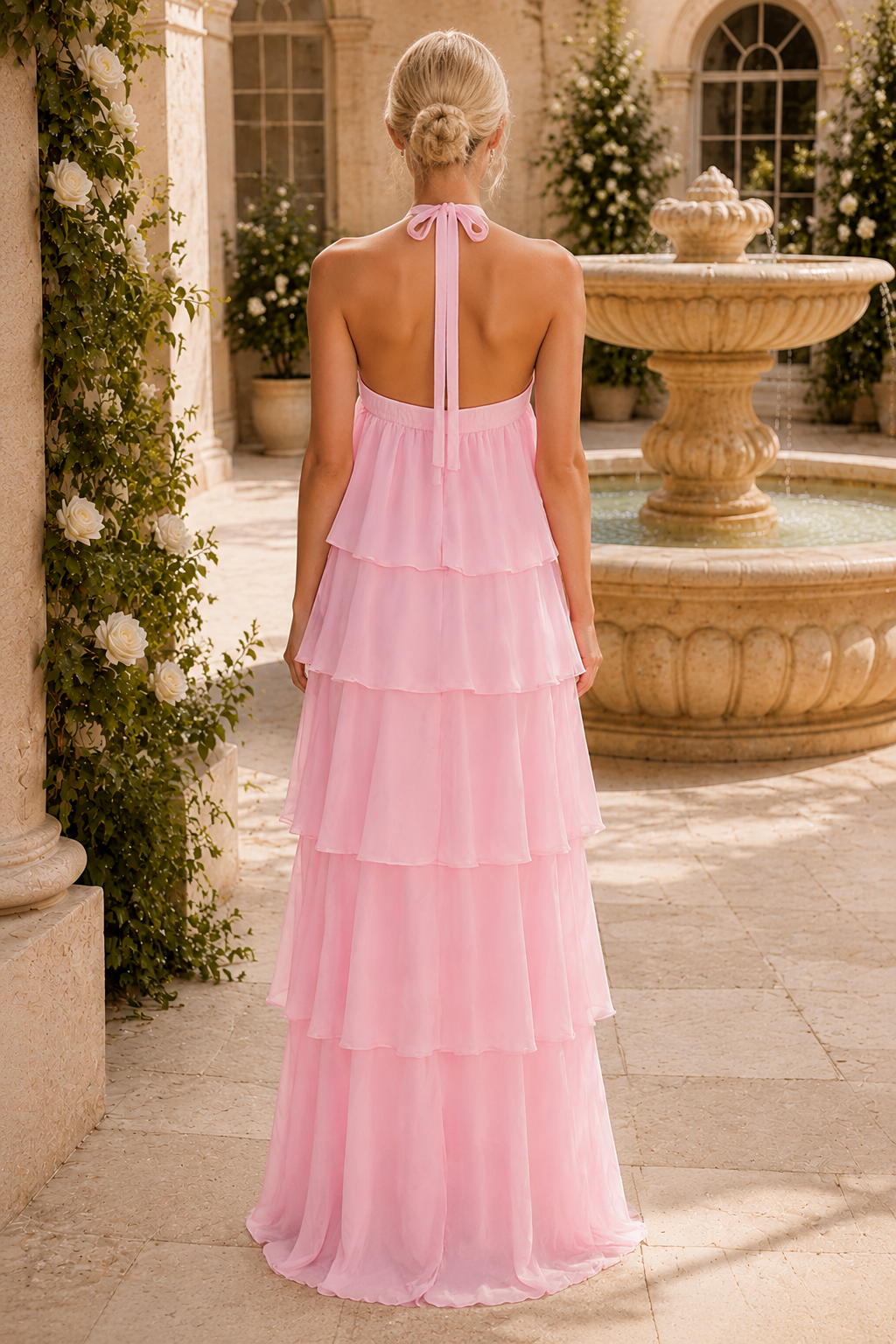 Vestido maxi halter escalonado con apliques de roseta