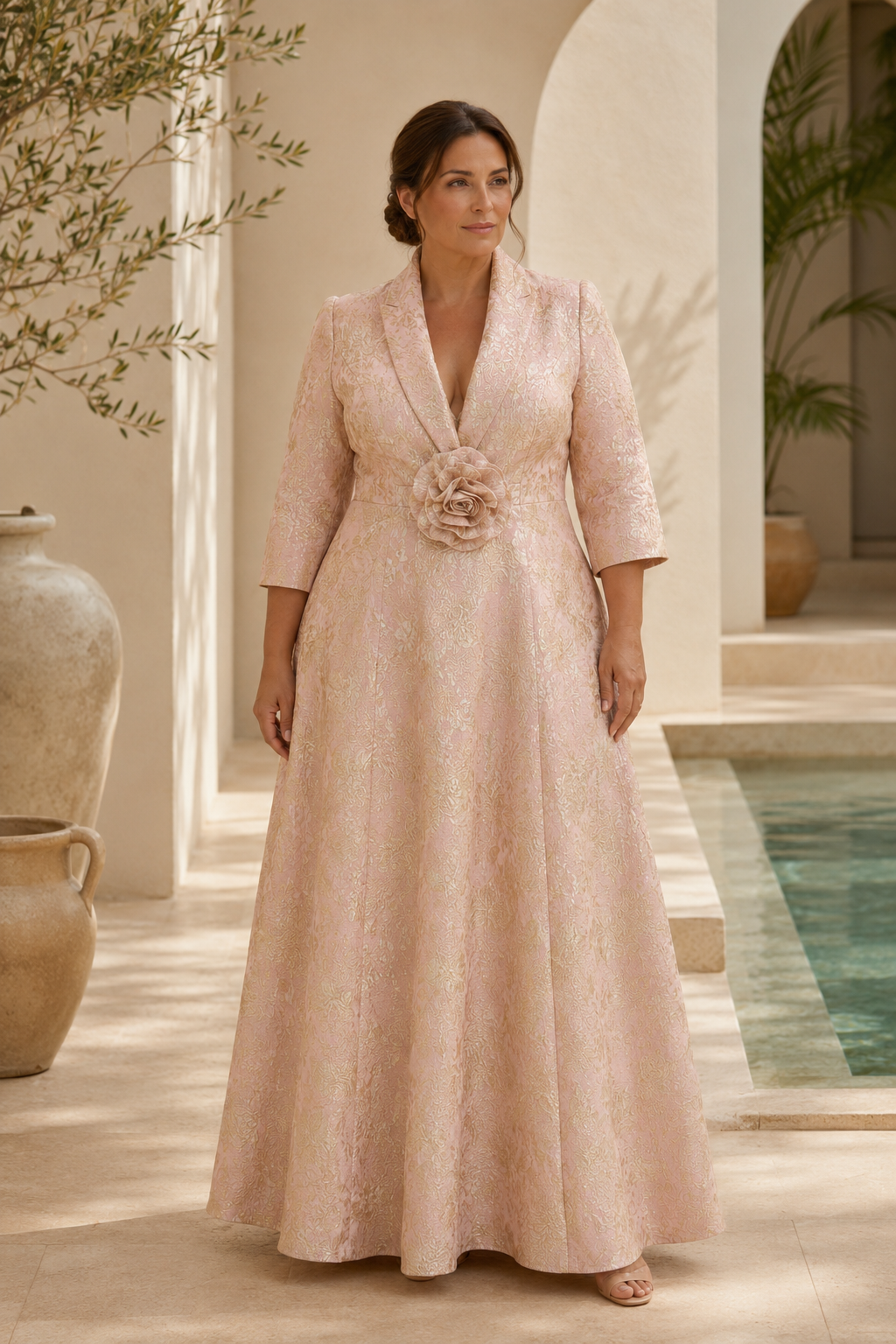 Elegante vestido de noche evasé en jacquard metálico