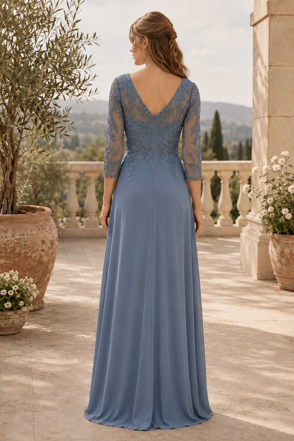 Vestido maxi con corpiño de encaje, manga 3/4 y drapeado