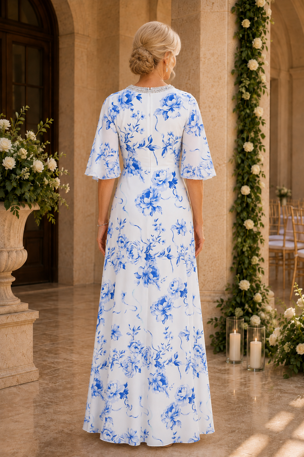 Vestido acampanado floral con mangas mariposa y cuello de cuentas