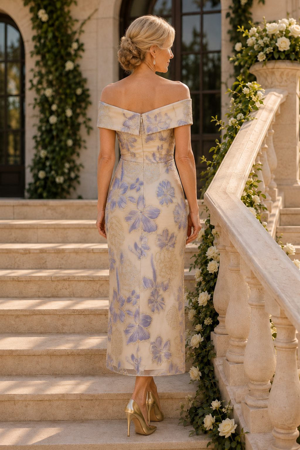 Vestido midi jacquard floral con hombros descubiertos