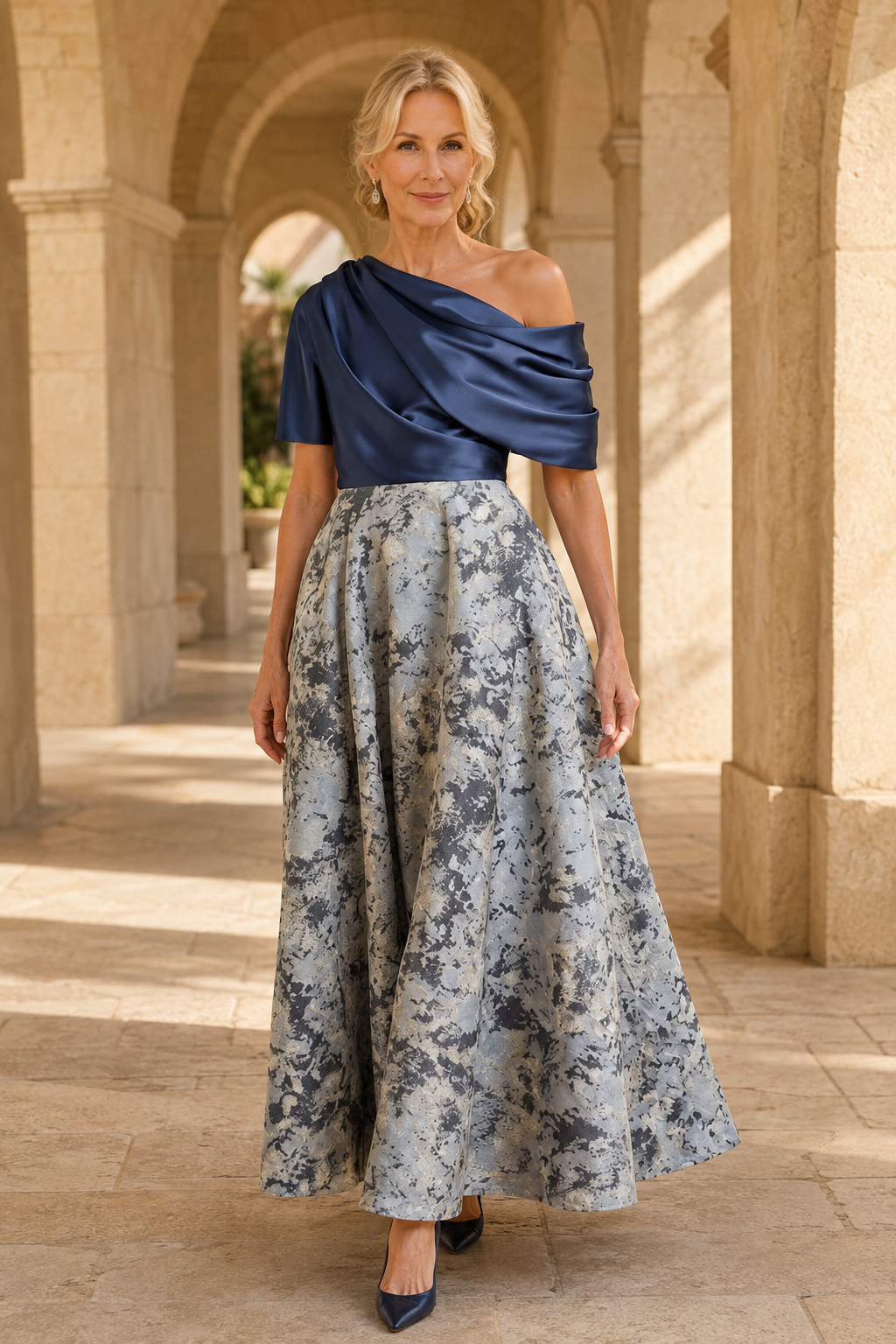 Vestido drapeado de jacquard de satén con escote asimétrico y falda en A