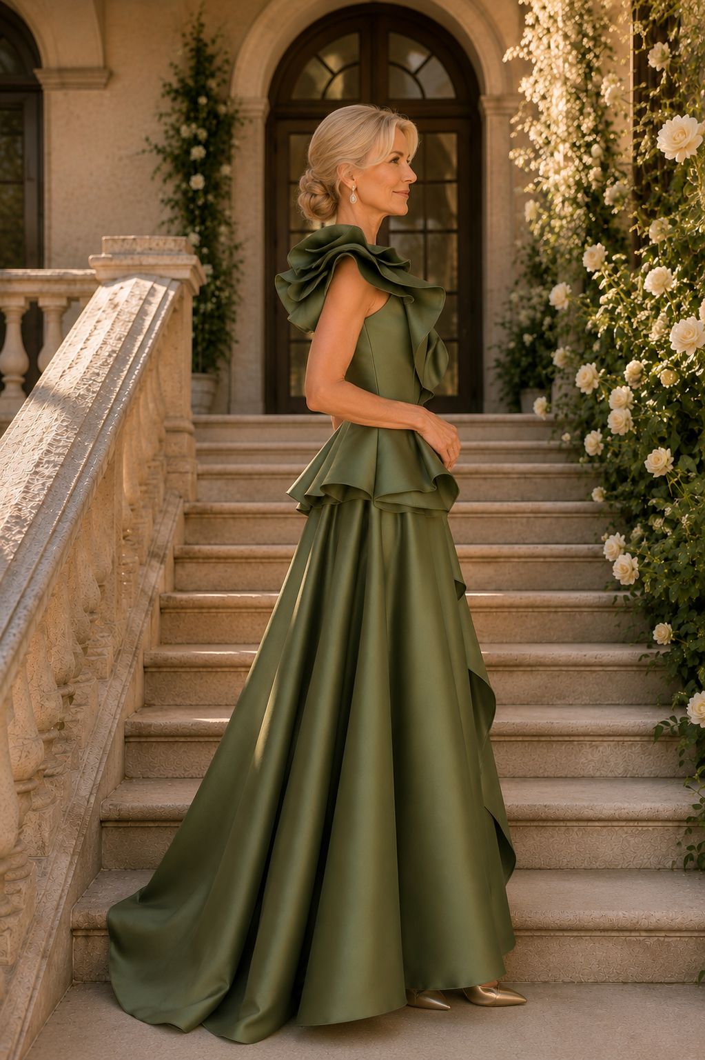 Vestido de raso acampanado con peplum y un solo hombro