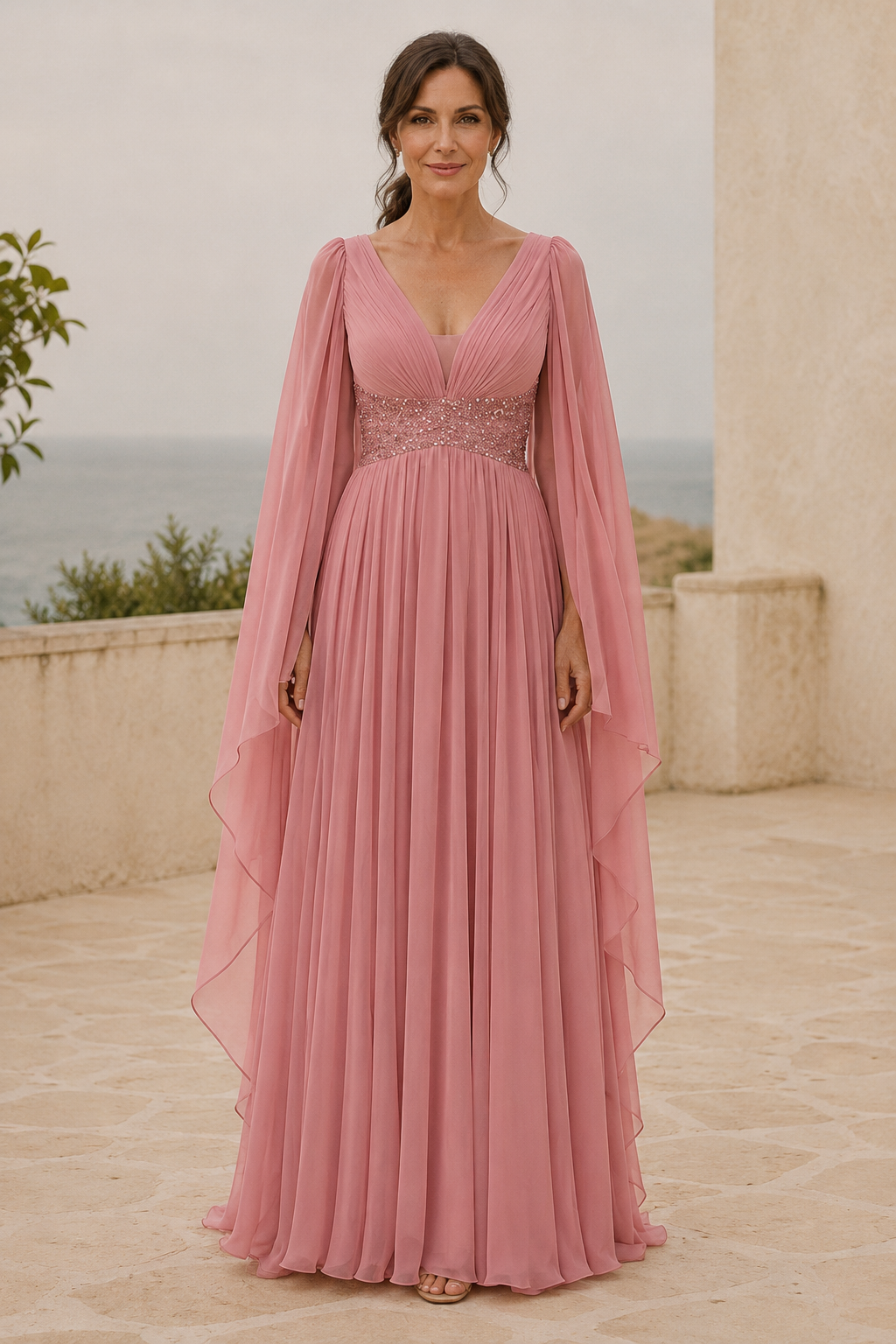 Vestido de noche de gasa con mangas de capa y cintura abaloriada
