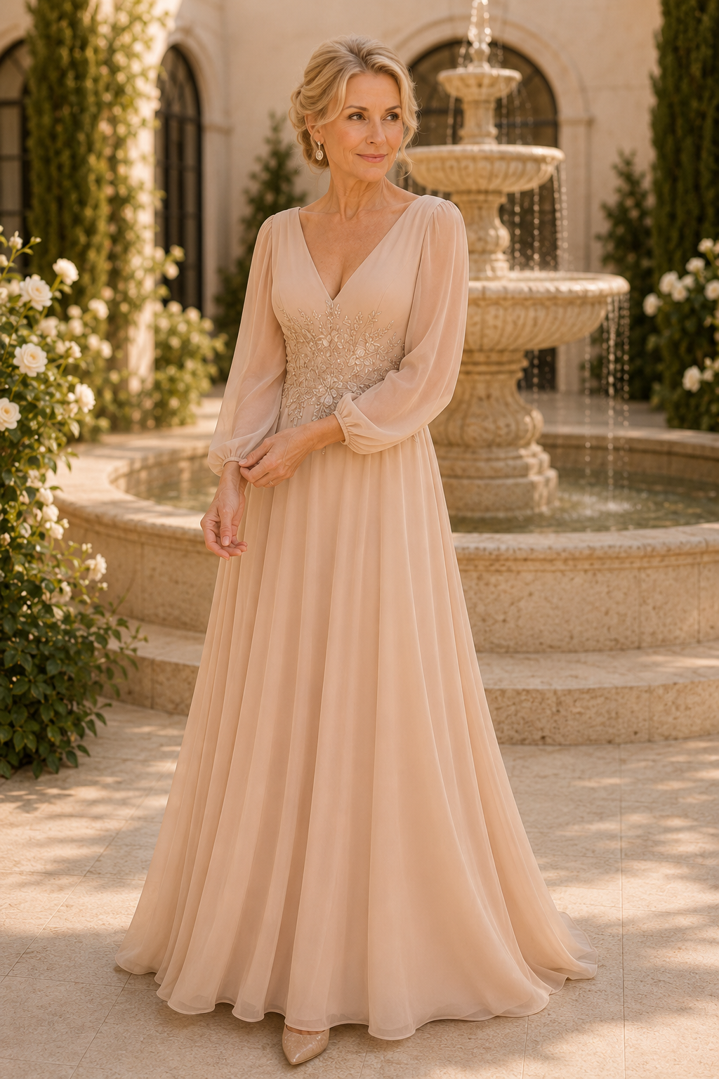Vestido de gasa estilo A con mangas obispo largas