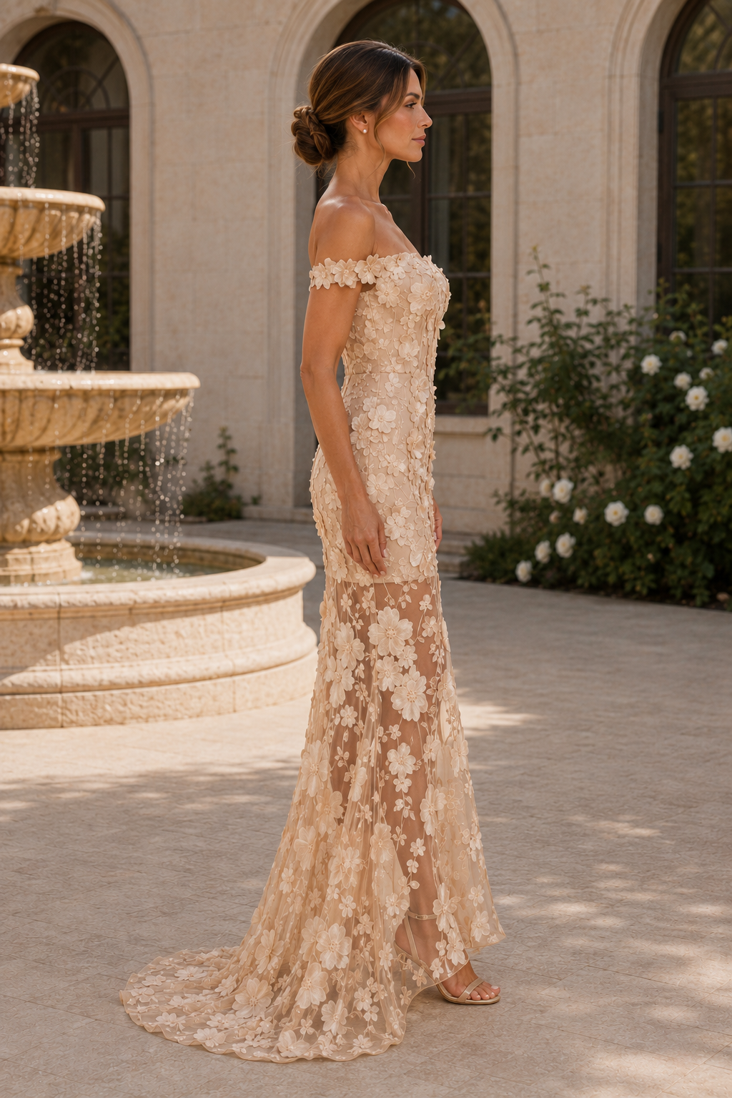 Vestido de sirena con apliques florales 3D y escote de hombros descubiertos