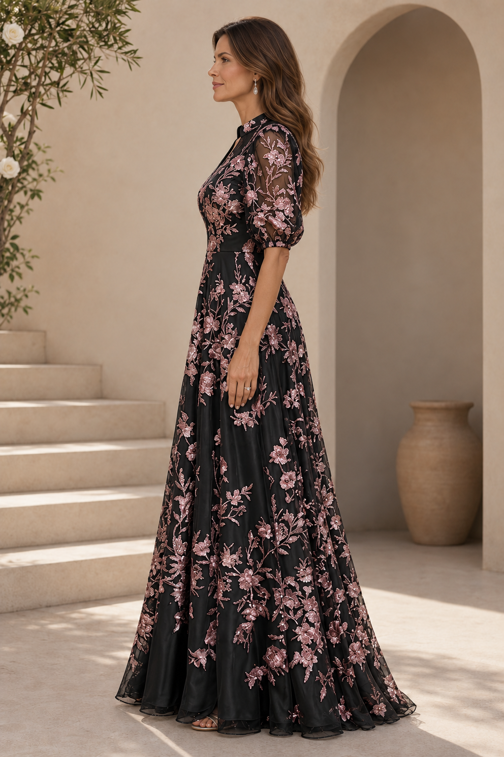 Vestido de Noche Acampanado con Bordado Floral y Mangas Abullonadas