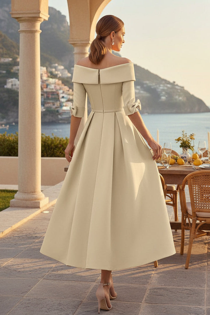 Vestido A-Line de Largo Té con Hombros Descubiertos y Lazo