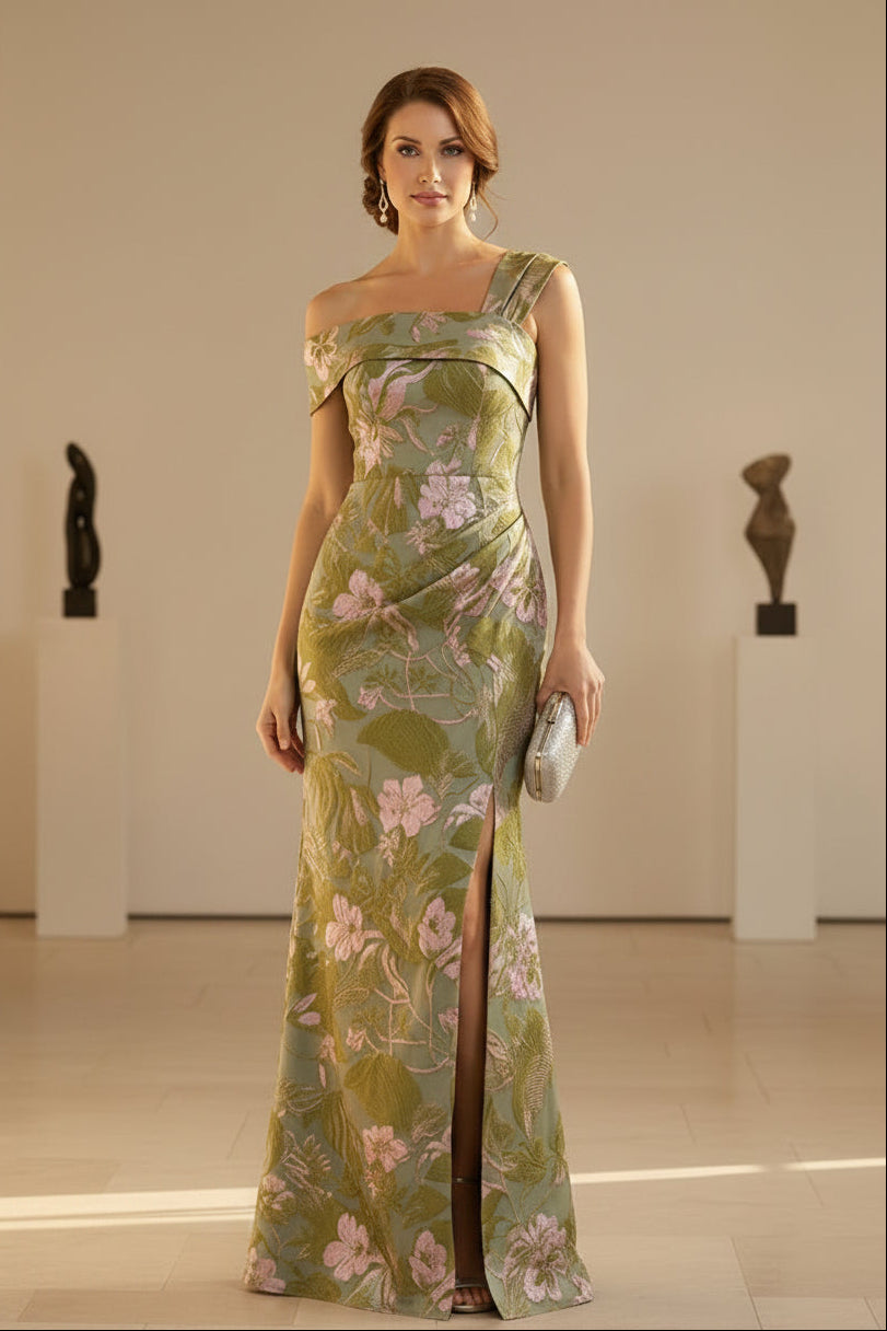 Vestido de noche largo jacquard floral con abertura y un solo hombro