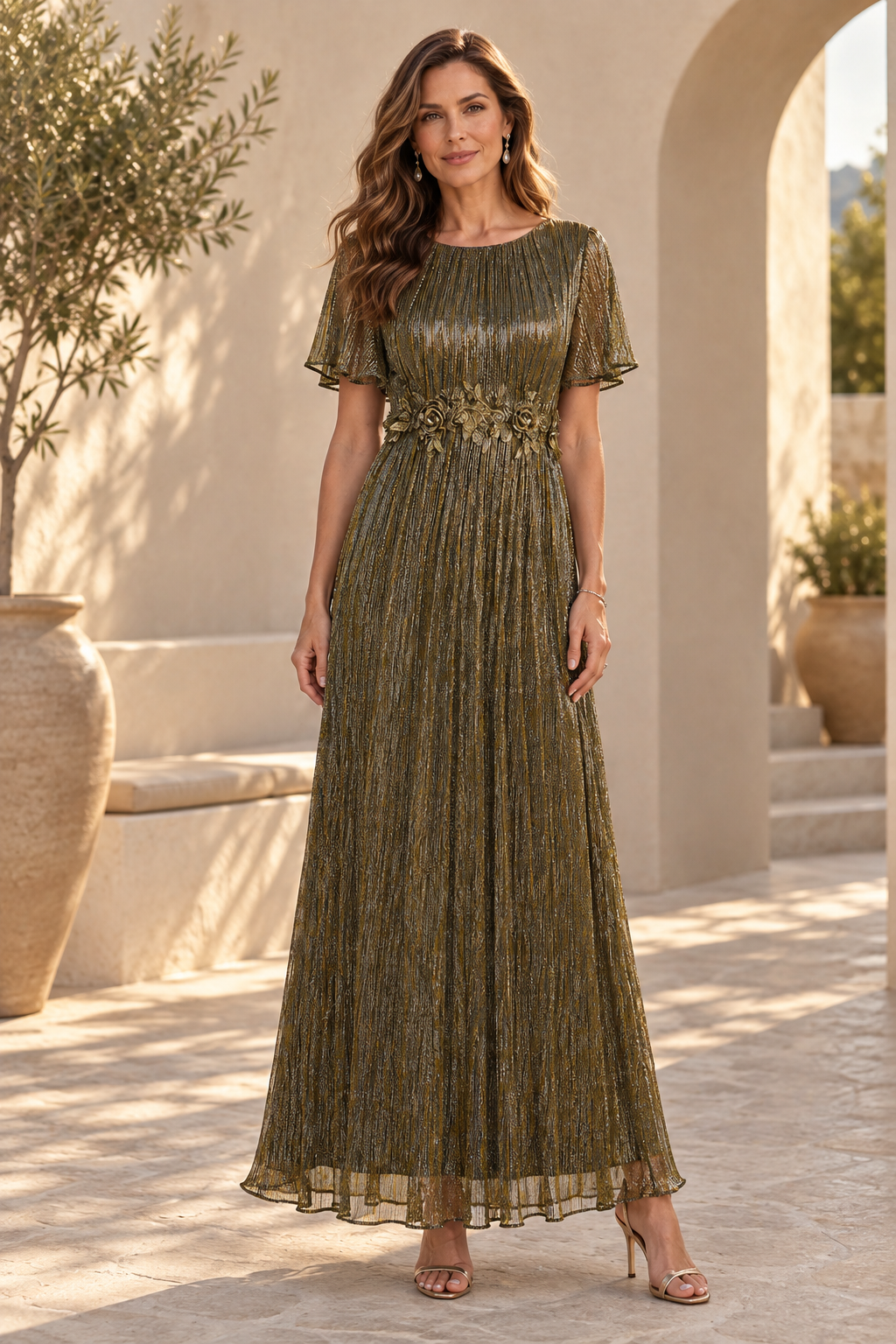 Pleated Metallic Maxi Dress with 3D Floral Waist
