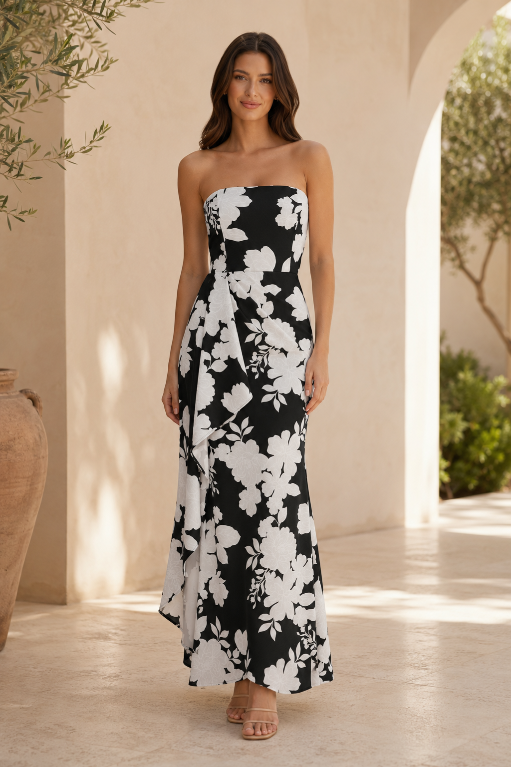 Vestido largo sin tirantes con estampado floral y volantes