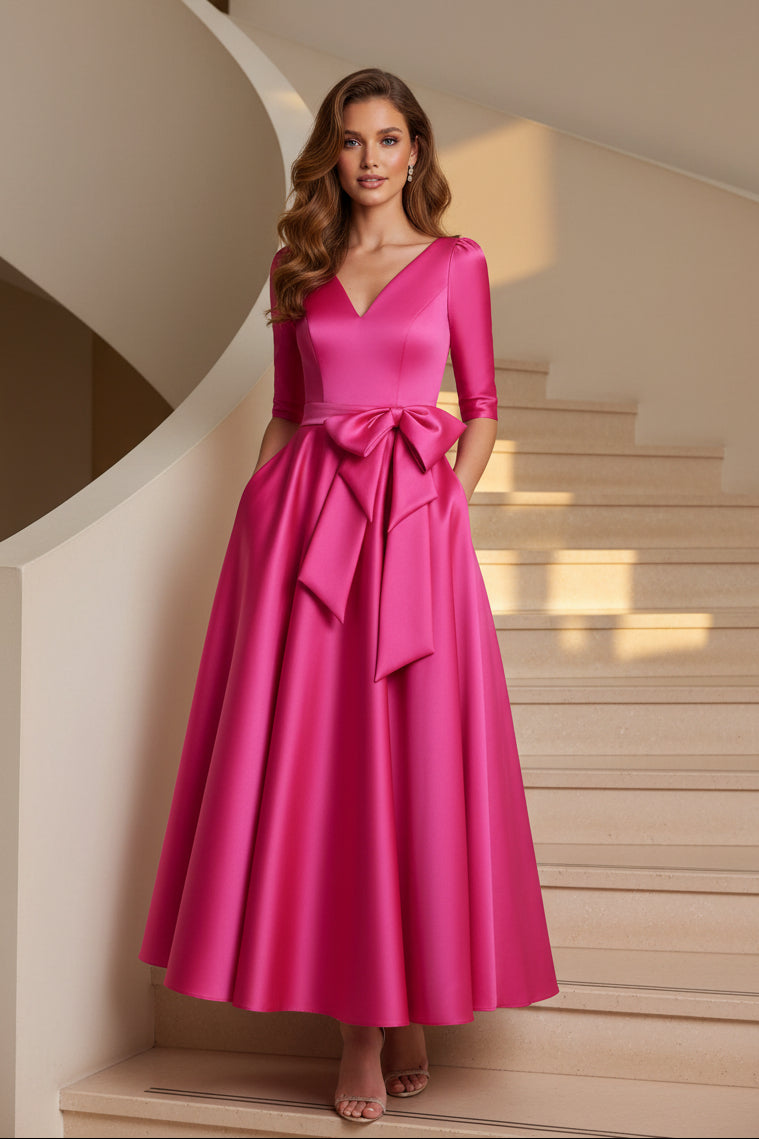 Vestido Midi de Satén con Cuello en V, Corte Evasé y Cinturón con Lazo
