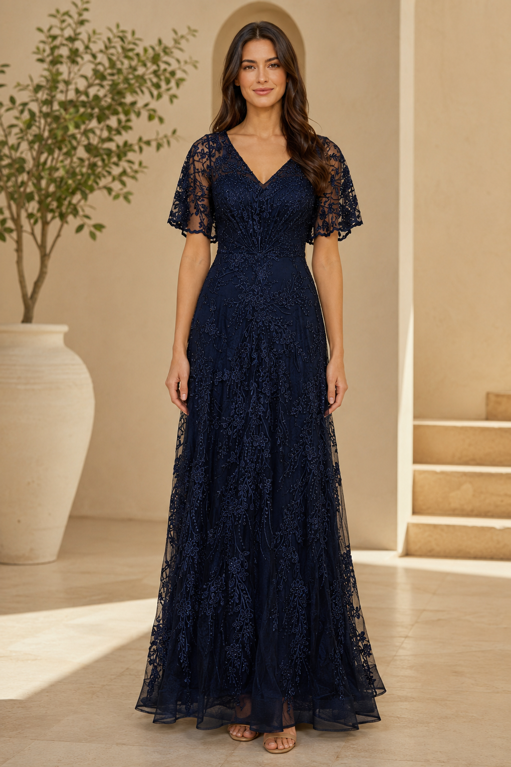 Vestido de noche acampanado con encaje y manga con volantes
