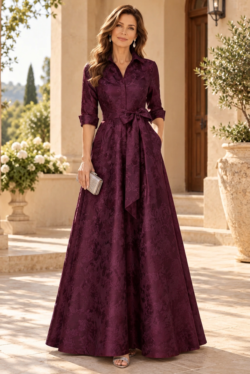 Collared Jacquard A-Line Gown with Sash Belt