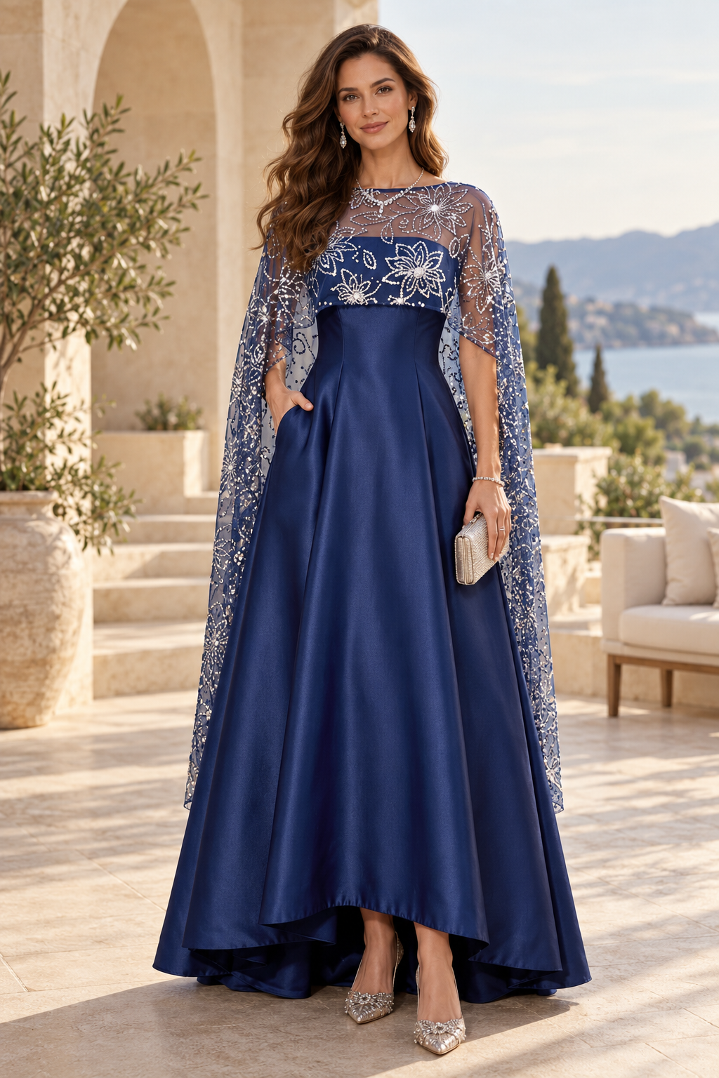 A-Line High-Low Gown with Floral Sequin Cape