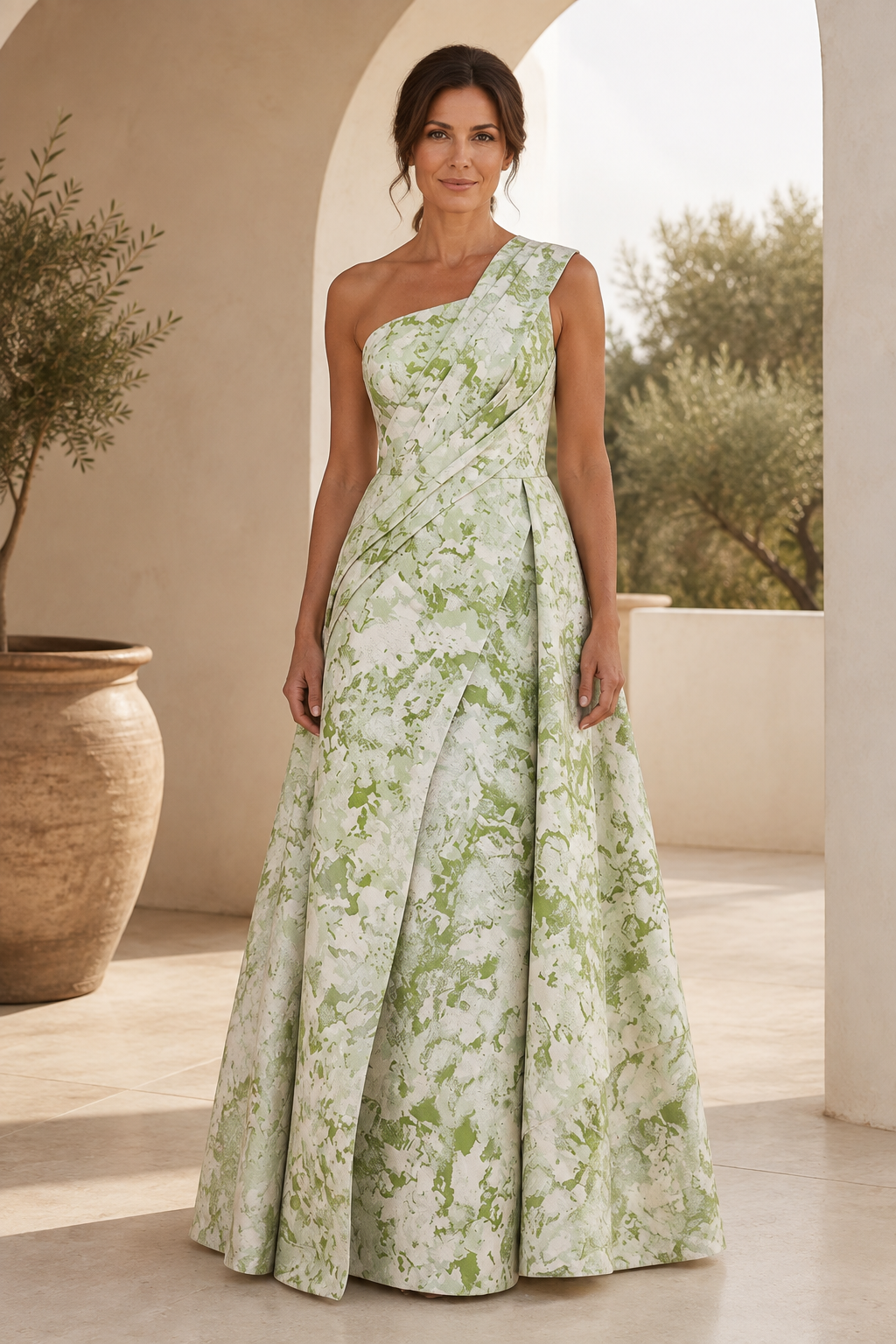 Vestido de Noche A-Line con Estampado Floral y un Hombro al Descubierto