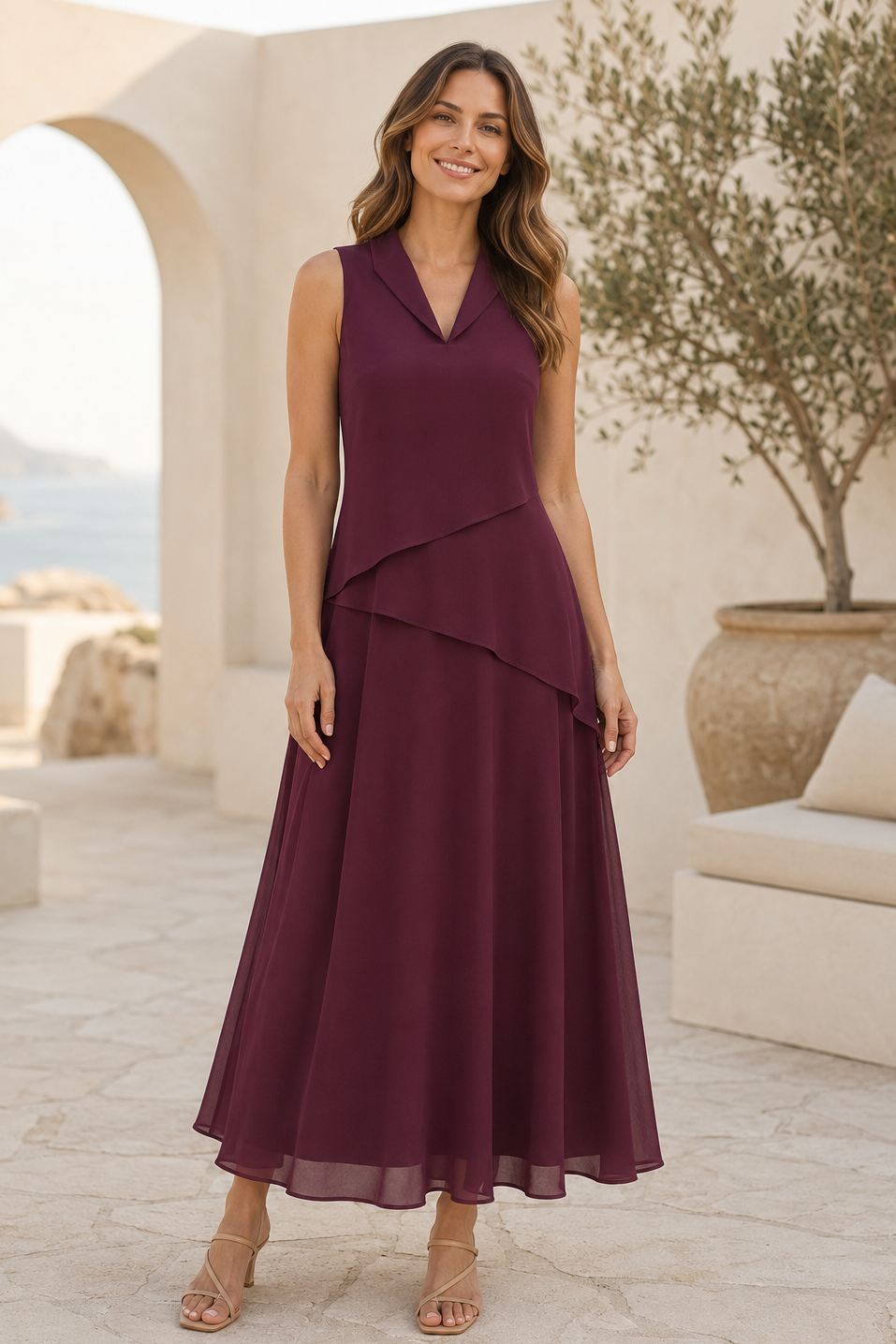 Vestido midi asimétrico de chifón sin mangas con cuello