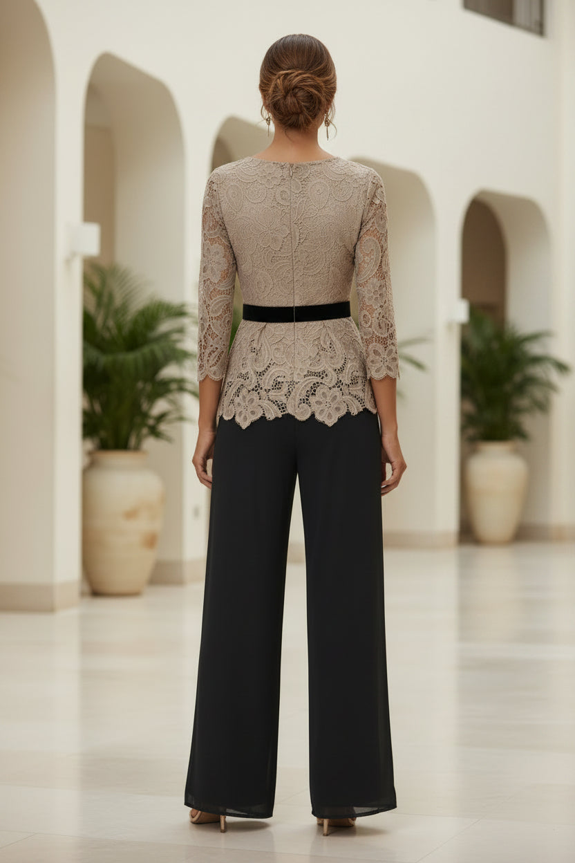 Conjunto de blusa peplum de encaje y pantalón ancho de gasa