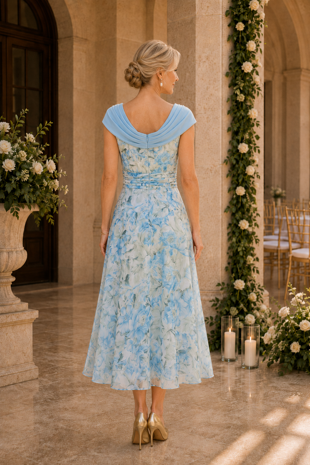 Vestido Floral a Media Pierna con Escote Drapeado