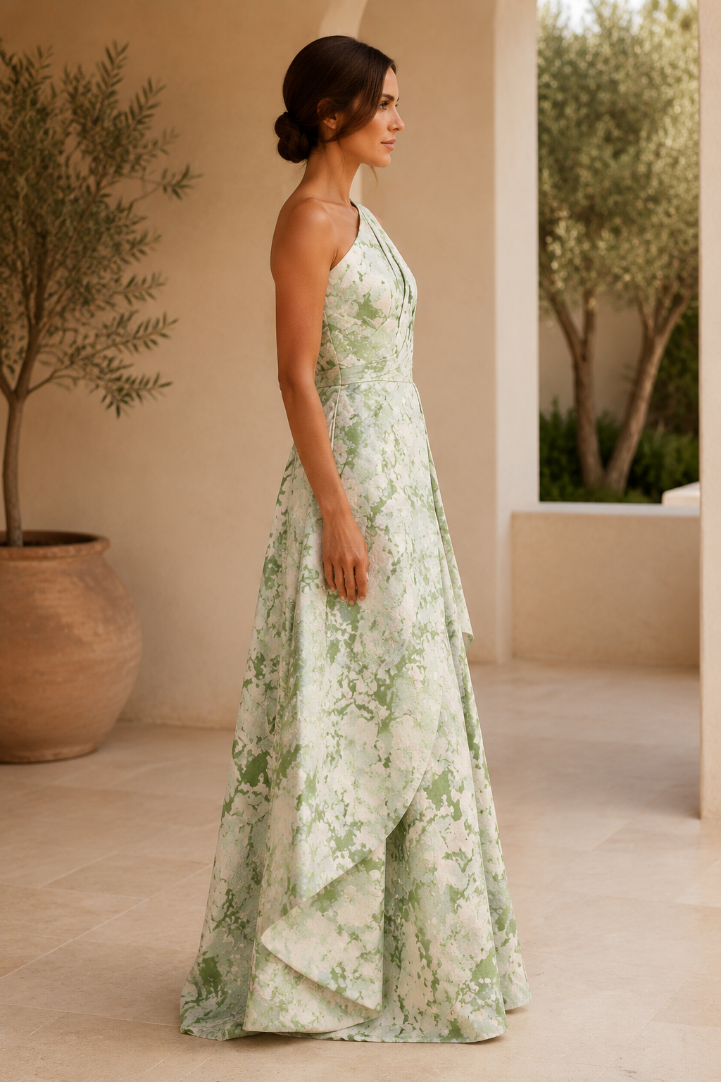 Vestido de Noche A-Line con Estampado Floral y un Hombro al Descubierto