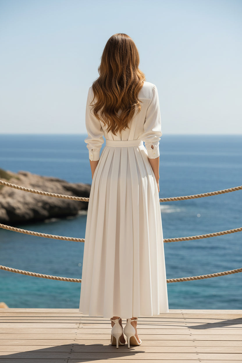 Vestido camisero largo plisado con cinturón y bolsillos