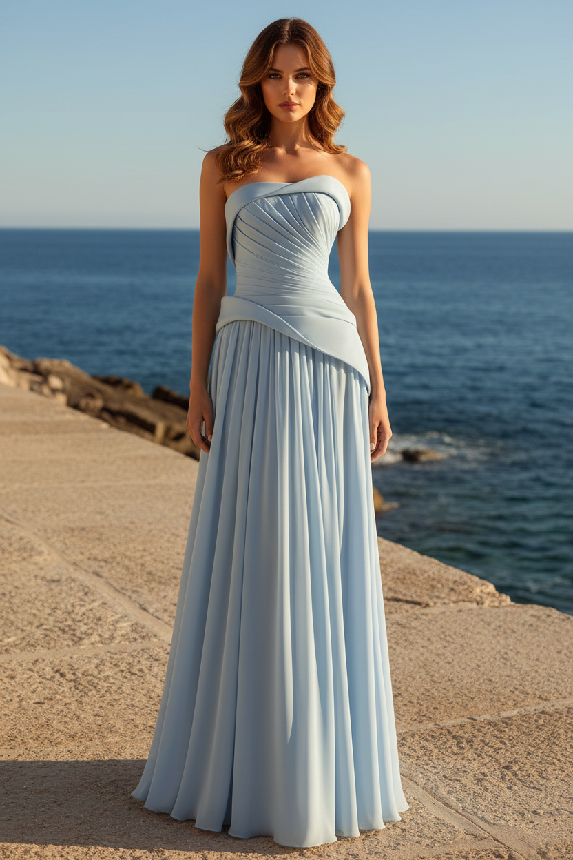 Vestido de gala línea A con corpiño plisado sin tirantes
