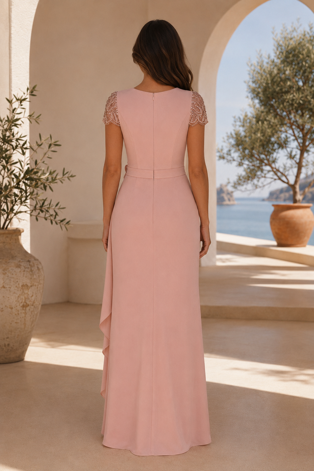 Vestido con cuentas, manga casquillo y detalle floral 3D en la cintura