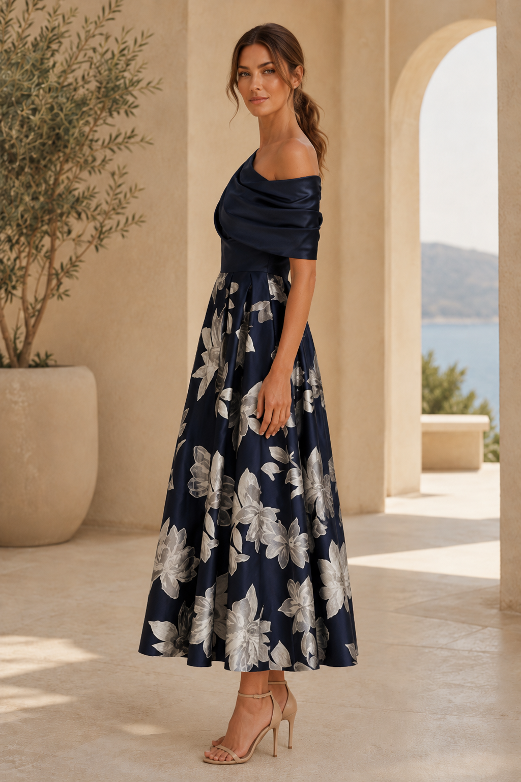 Vestido midi de jacquard floral con un solo hombro