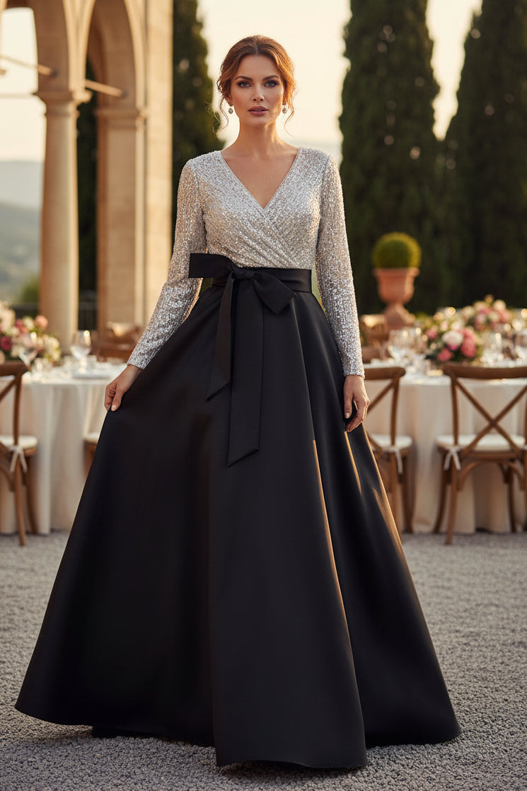 Vestido largo de fiesta de línea A con lentejuelas, manga larga, escote en V y bolsillos