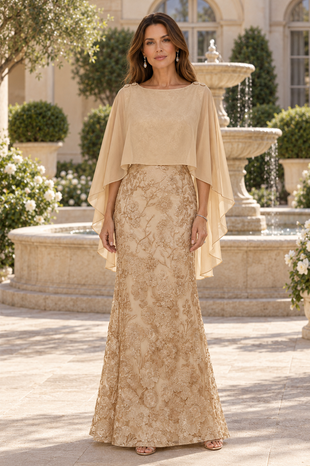 Vestido largo con capa de encaje bordado y escote de barco