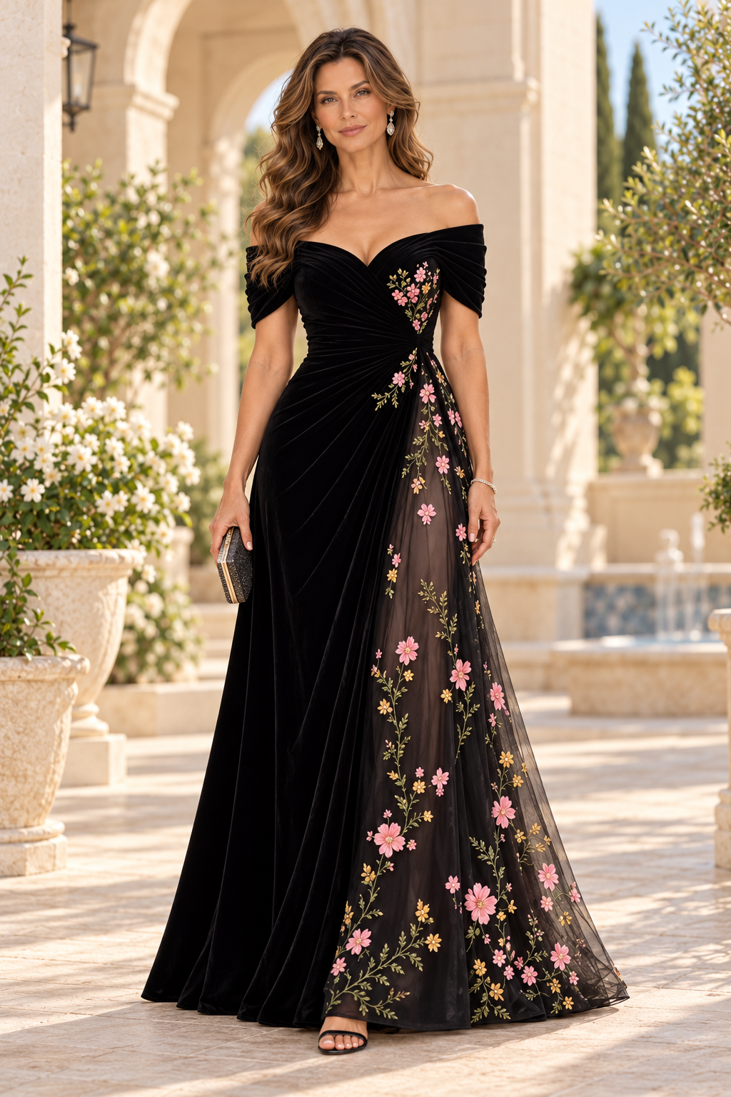 Floral Embroidered Off-the-Shoulder Evening Gown