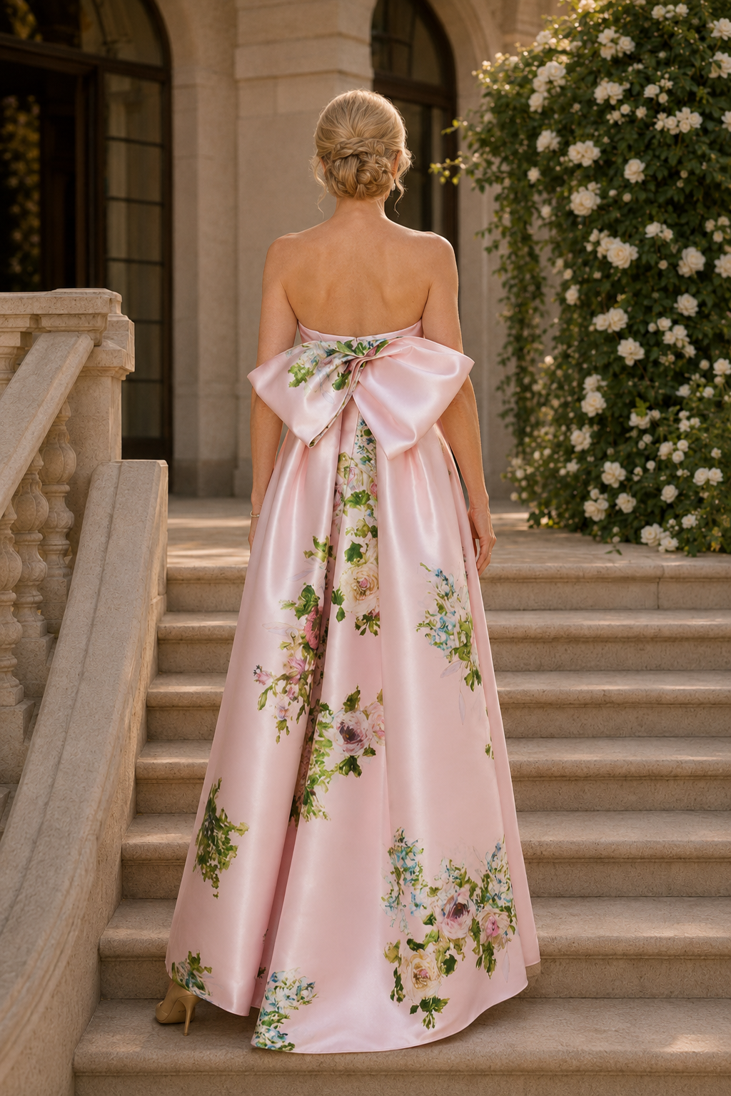 Vestido de noche de satén con estampado floral, sin tirantes, corte en A y lazo en la espalda