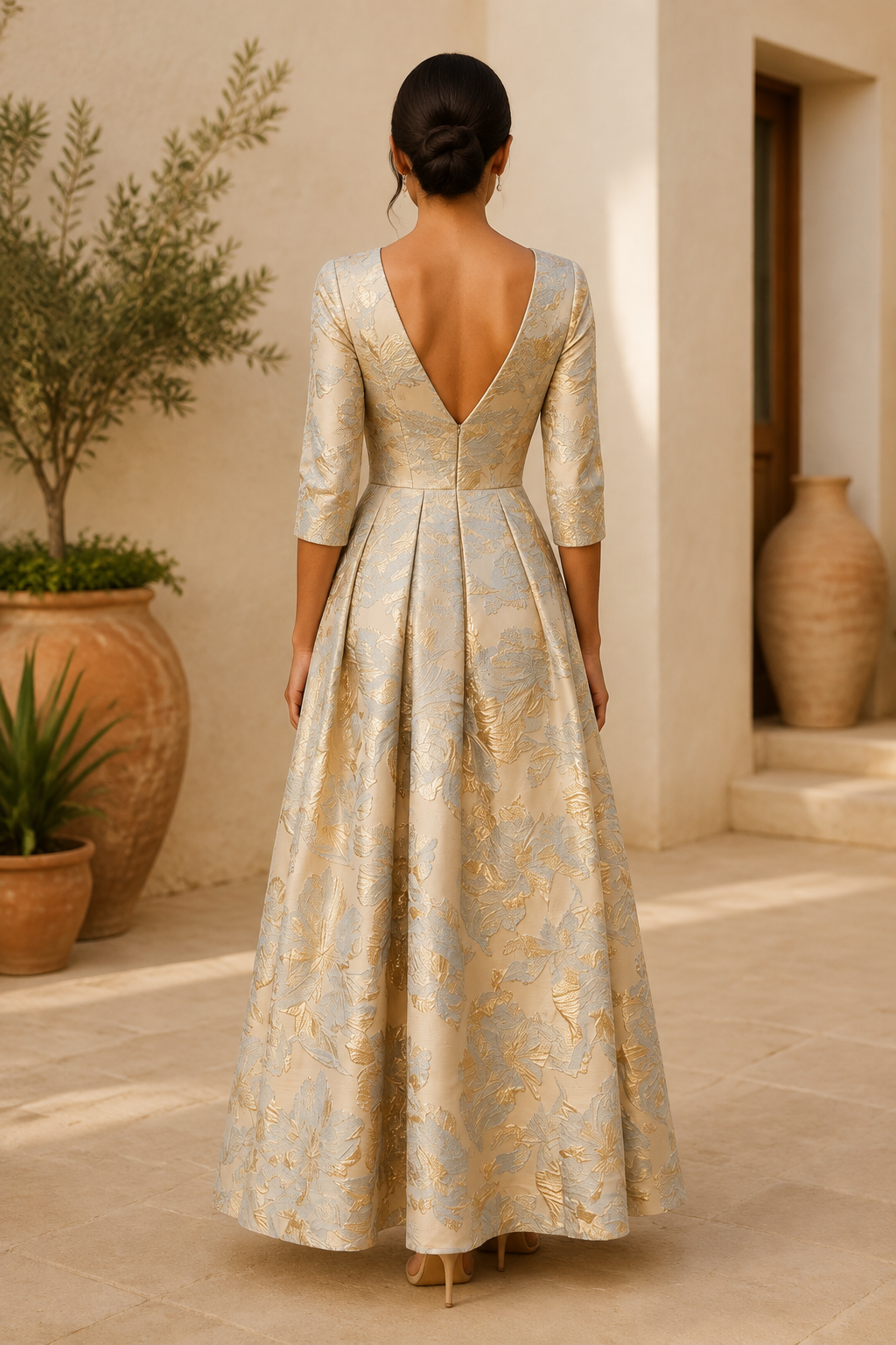 Vestido con vuelo en jacquard floral con espalda en V y manga tres cuartos