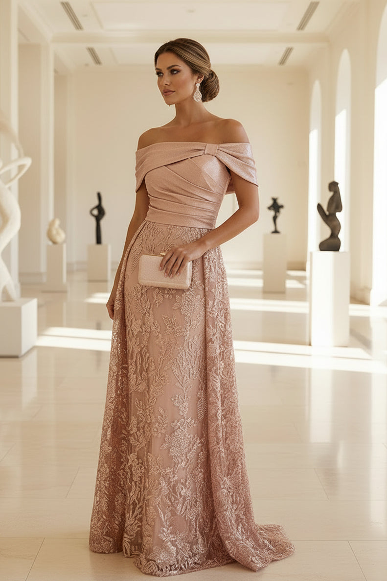 Vestido de noche formal con hombros descubiertos, encaje y lentejuelas, corte A