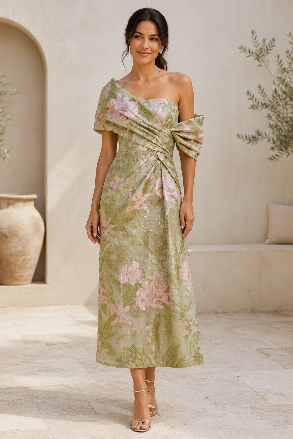 Vestido midi jacquard floral de un solo hombro, corpiño drapeado
