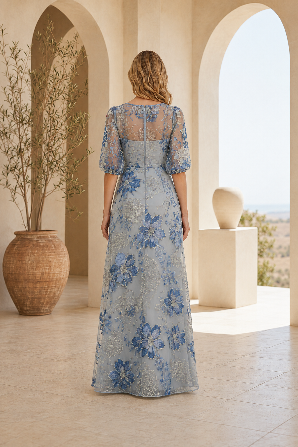 Vestido de Noche Acampanado con Bordado Floral y Mangas al Codo