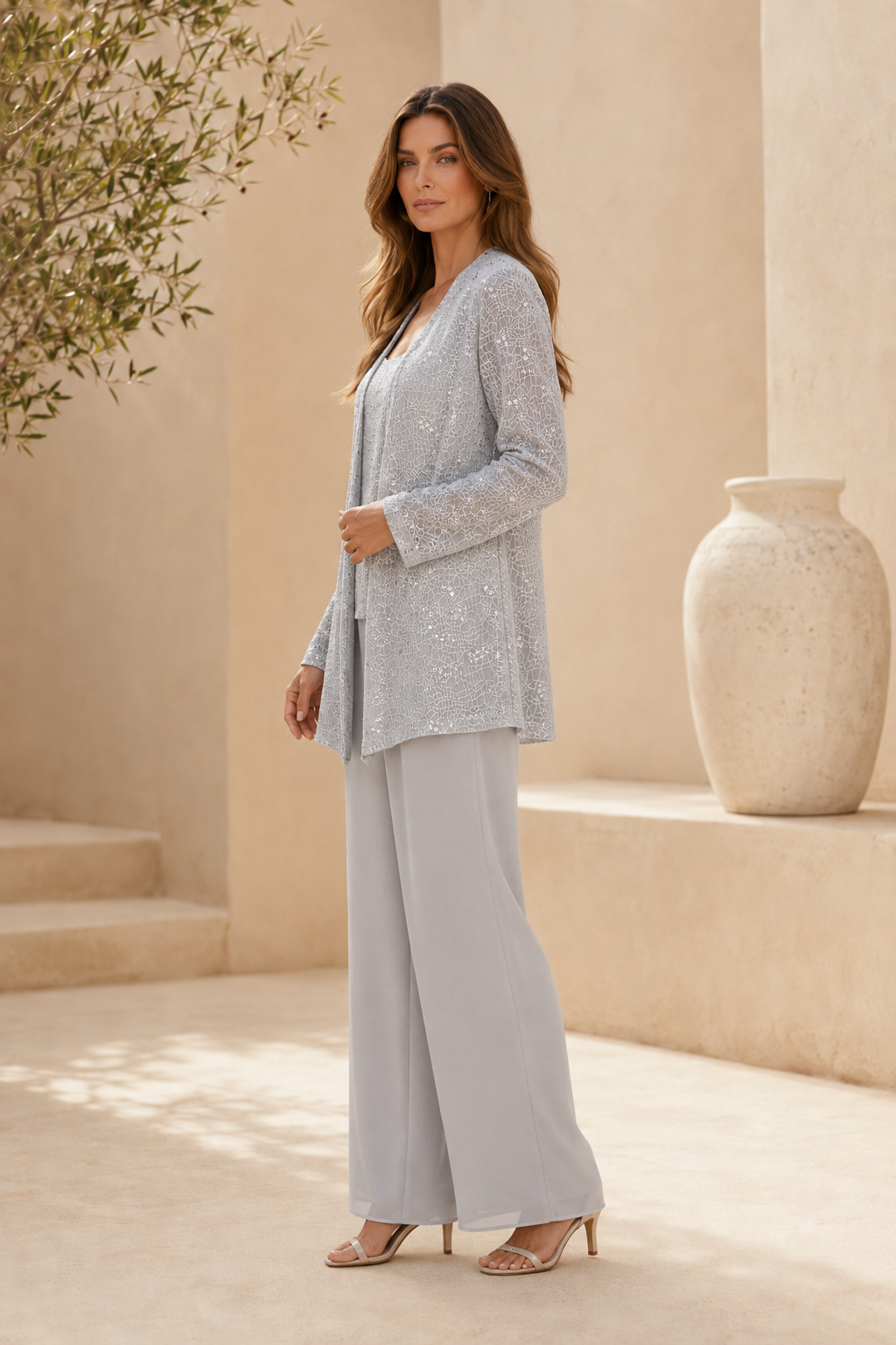 Conjunto de chaqueta de lentejuelas y pantalón de pierna ancha