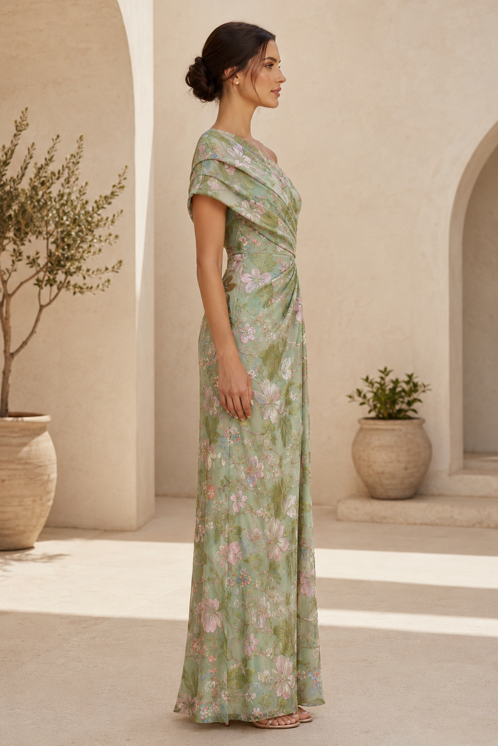 Vestido de Noche Estampado Floral con Hombro Descubierto y Drapeado Plisado