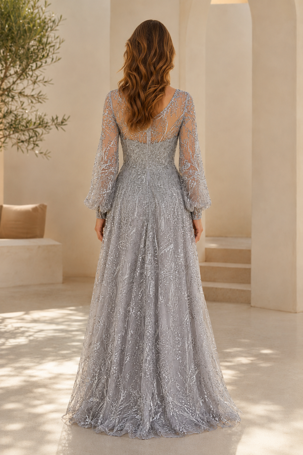 Vestido de noche largo con lentejuelas y manga larga ilusión corte A