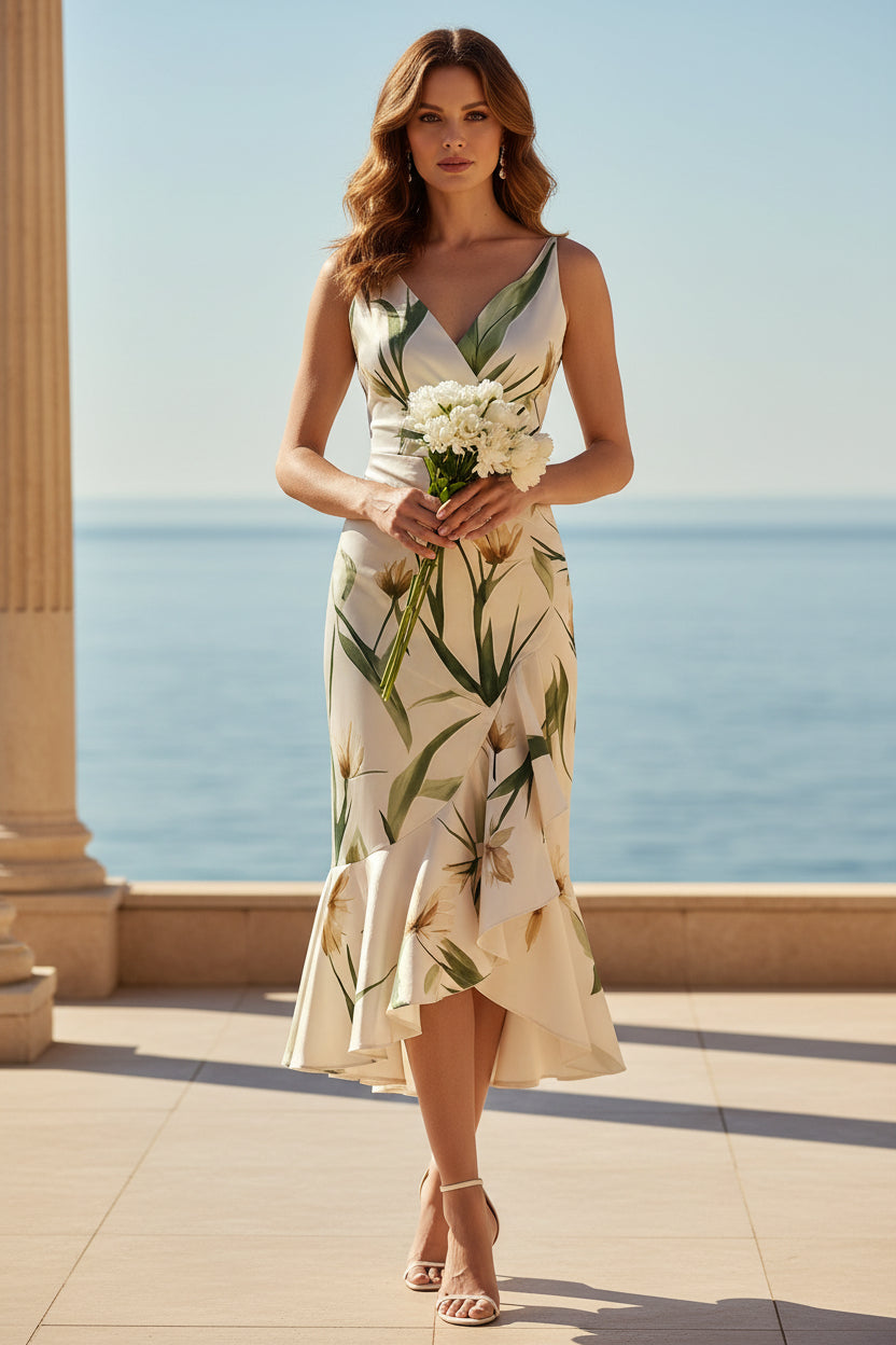 Vestido Midi Floral Cruzado con Volantes y Bajo Asimétrico