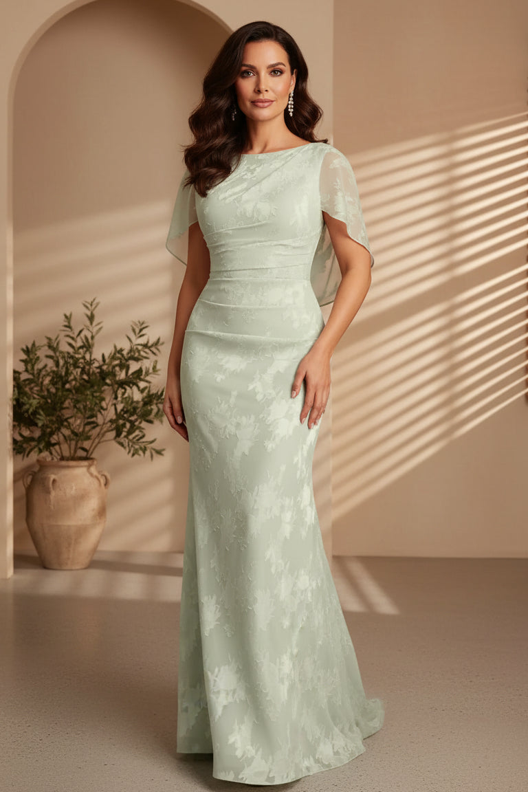Vestido largo de jacquard floral fruncido con capa trasera