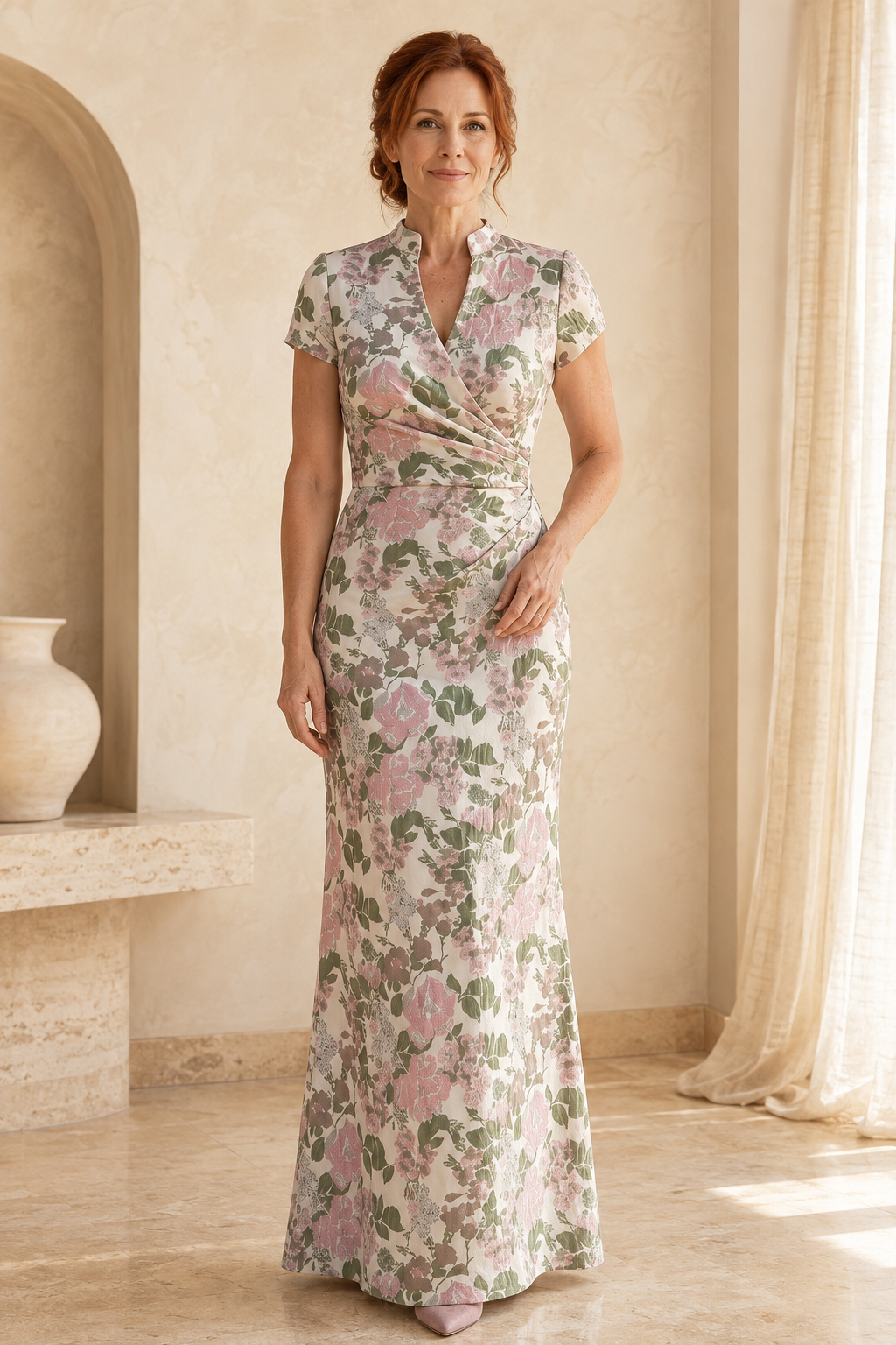 Vestido cruzado de jacquard floral con cuello alto y mangas casquillo