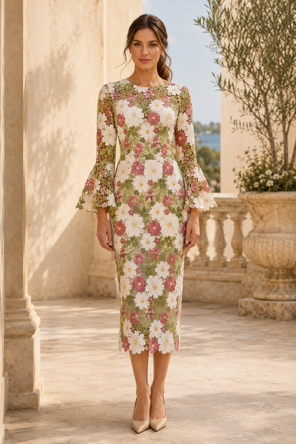 Vestido recto floral de encaje midi con mangas acampanadas