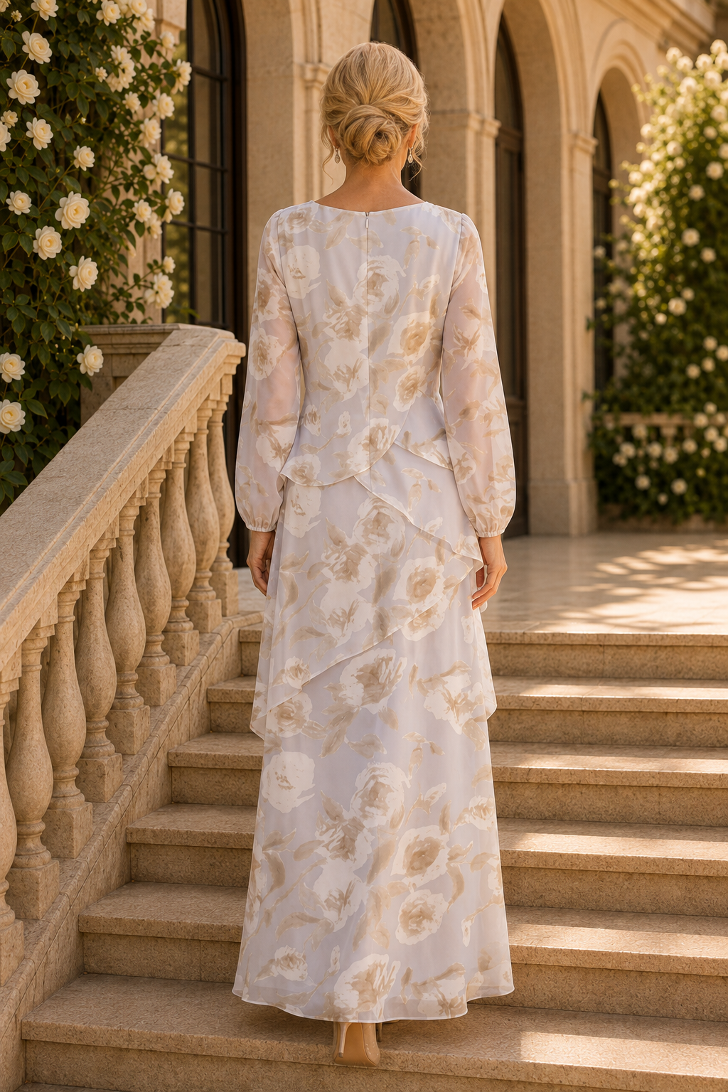 Vestido largo floral escalonado con mangas largas