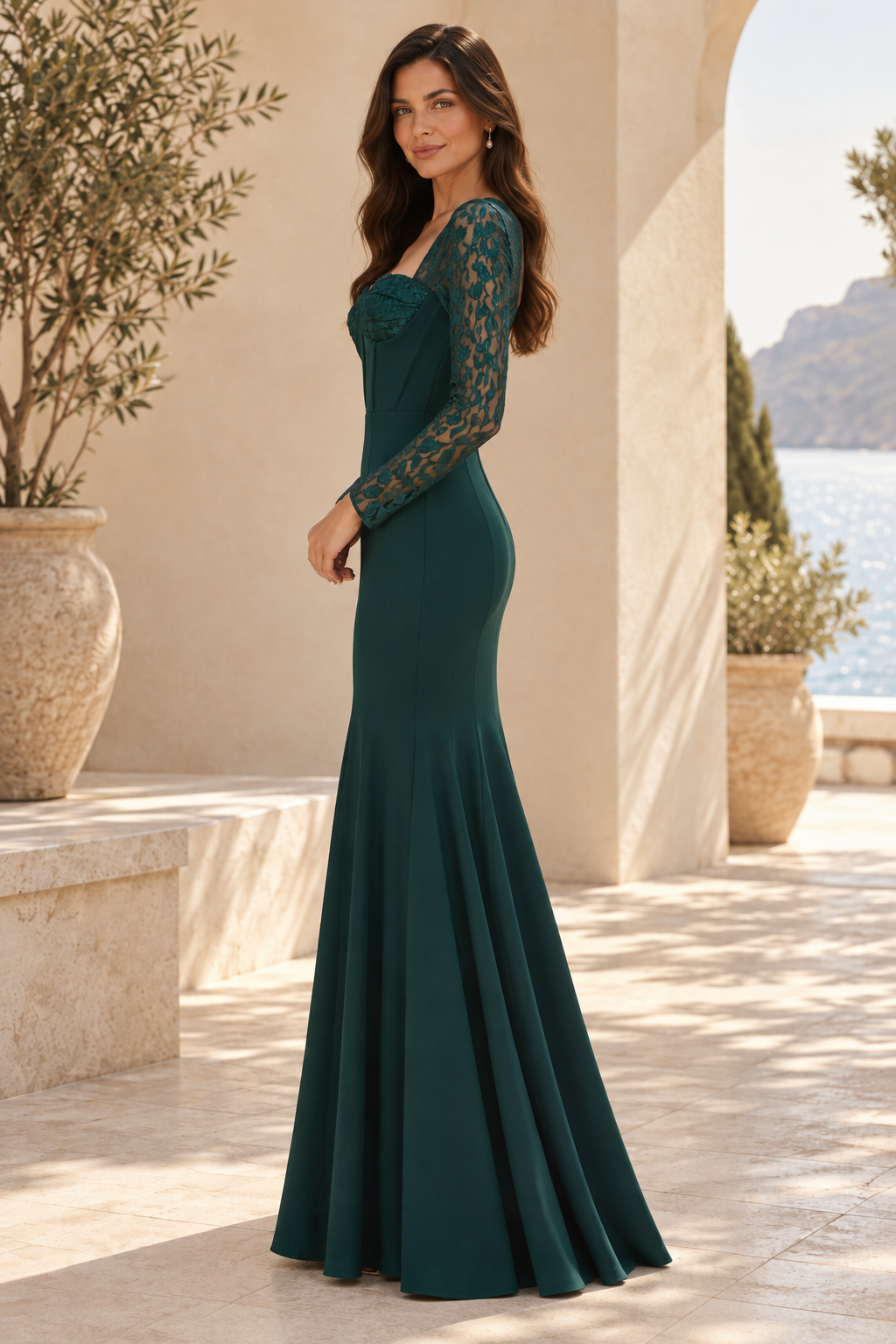 Lace Long Sleeve Corset Bodice Mermaid Gown