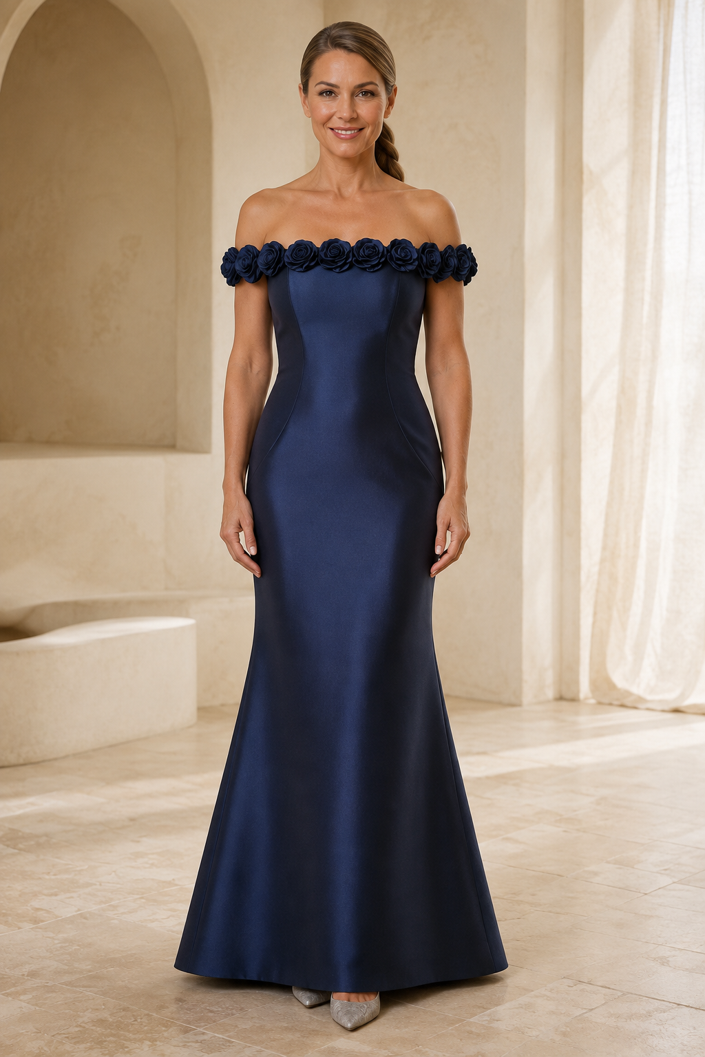 Vestido de sirena de satén con hombros descubiertos y apliques florales 3D