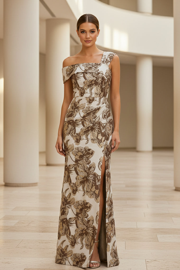 Vestido de noche largo jacquard floral con abertura y un solo hombro
