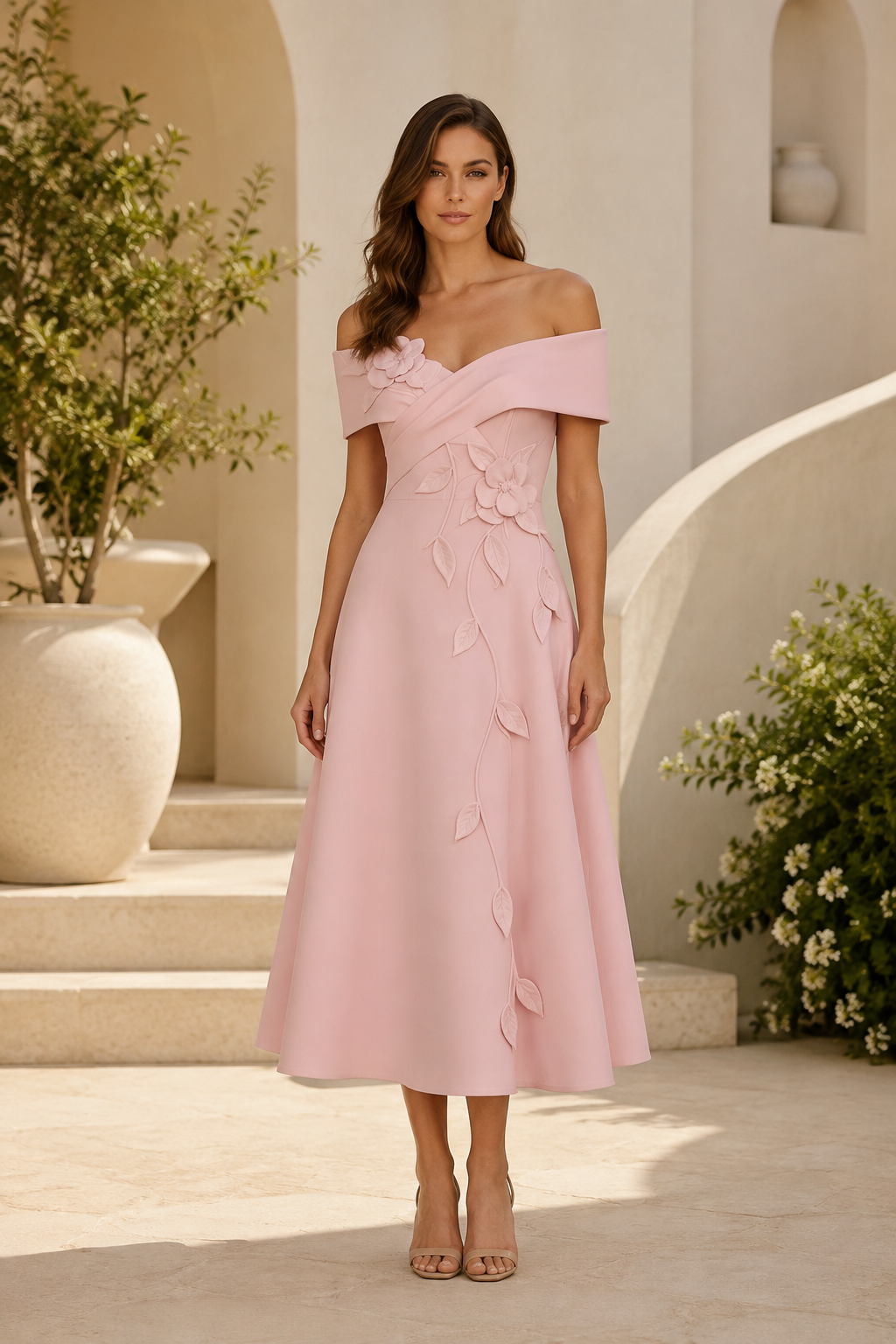 Vestido midi con apliques florales y hombros descubiertos